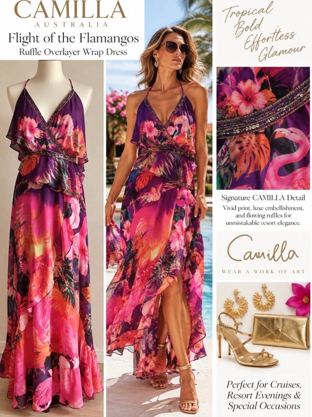 CAMILLA Flight of the Flamingo Ruffle Wrap High-Low Dress L NWT